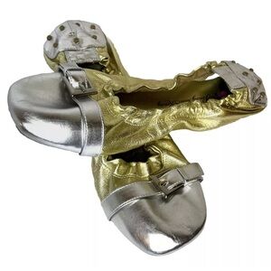 PENNY LOVES KENNY Gold Silver Leather Ballet Flats Driving Shoes Women Sz 9